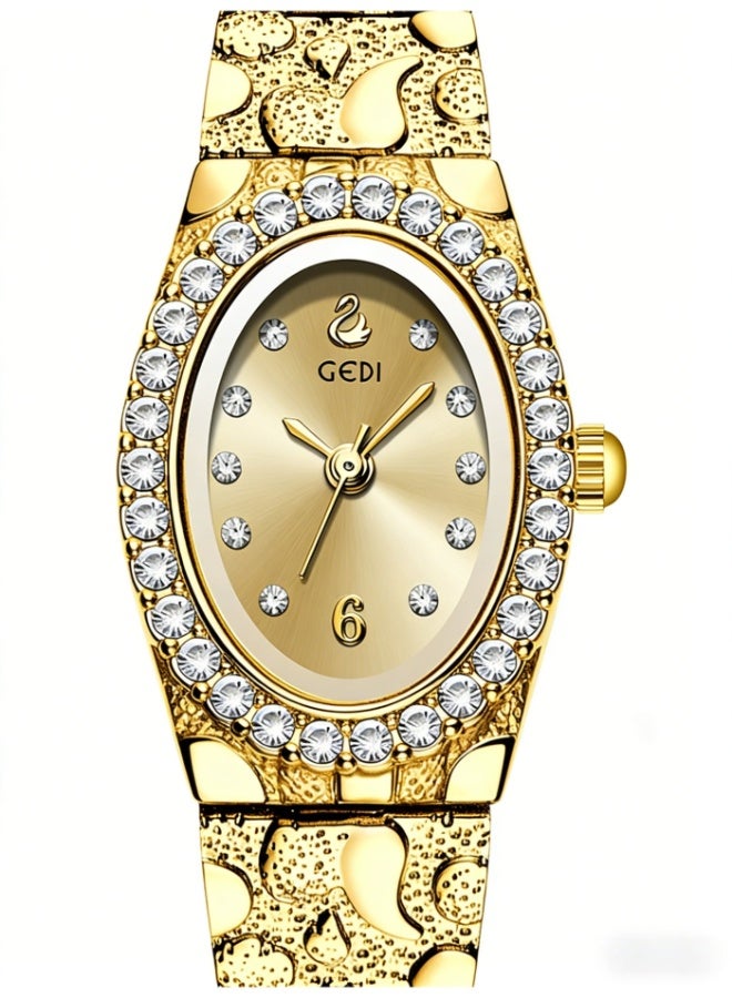 GEDI Luxury Gold Women's Watch - Oval Crystal-Encrusted Dial Stainless Steel Bracelet, Elegant Ladies Quartz Wristwatch for Daily & Formal Occasions - Image 3
