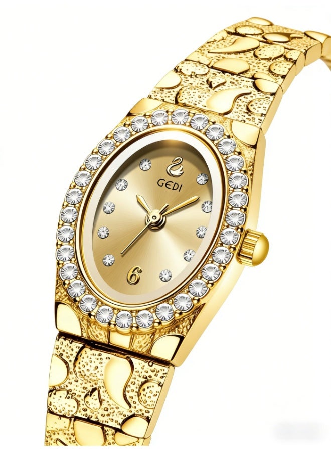 GEDI Luxury Gold Women's Watch - Oval Crystal-Encrusted Dial Stainless Steel Bracelet, Elegant Ladies Quartz Wristwatch for Daily & Formal Occasions - Image 2