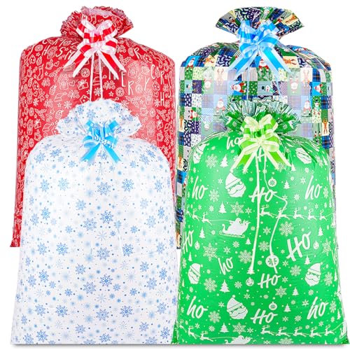 JWSCYSY 4 Extra Large Christmas Bags Jumbo 60 x 36 Oversized Plastic Gift Bags with Pull Bows and Tags for Giant Xmas Holiday Gifts - Image 2