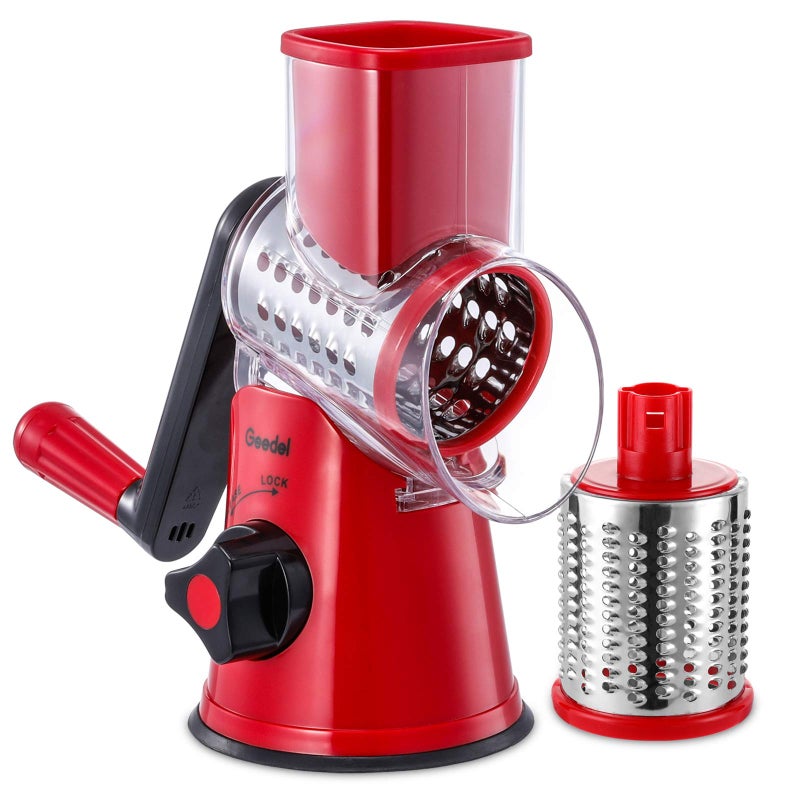 Geedel Rotary Cheese Grater Kitchen Mandoline Vegetable Slicer with 2 Interchangeable Blades Easy to Clean Rotary Grater Slicer for Fruit Vegetables Nuts