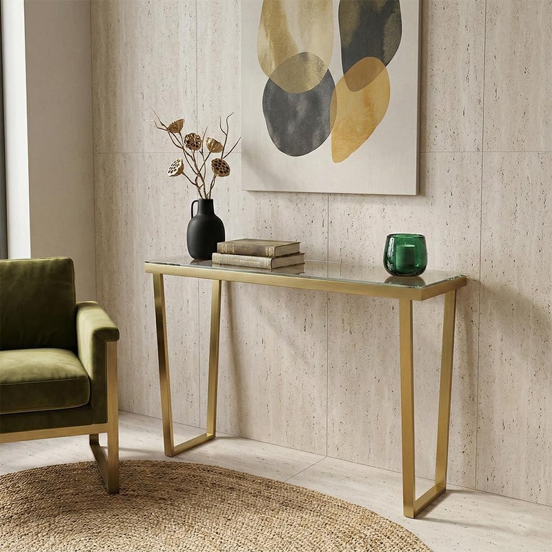الهدايا مول  طاولة كونسول ستانلس ستيل أنيقة مع سطح زجاجي لون ذهبي مطفي مقاس 100×80×40 سم - Image 1