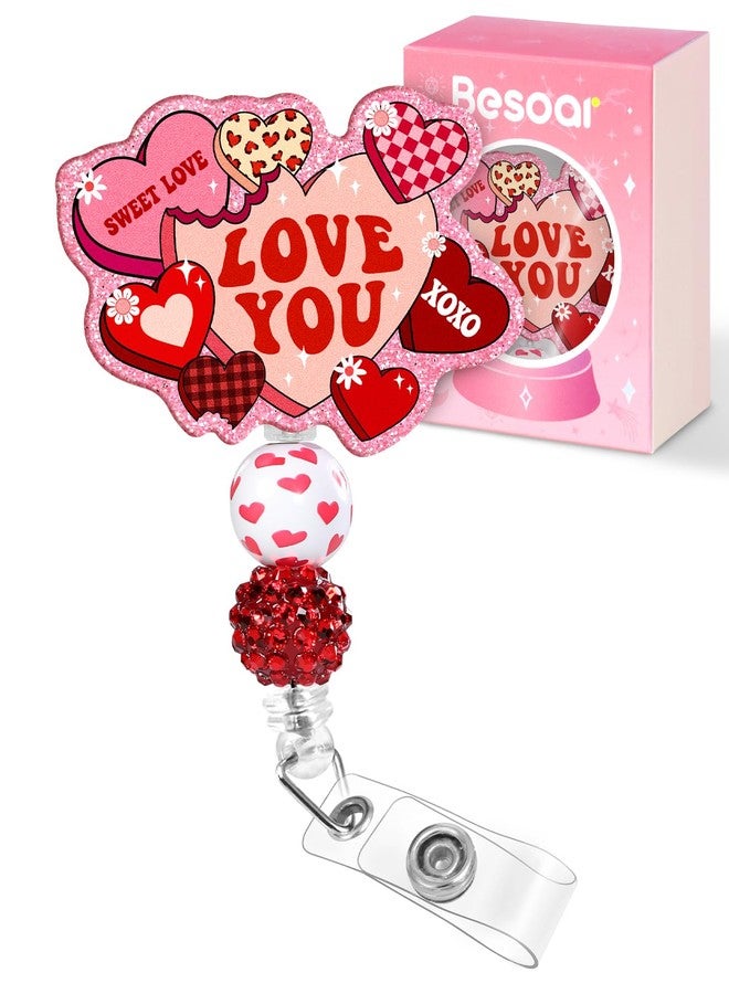 Besoar Valentine Badge Reel Holder Clip - Cute Heart Pink Red Cookies Retractable ID Name Card Badge Reel with Charm Alligator Clip, Office Nurse Nursing Medical Worker Student Accessories Gifts - Image 1