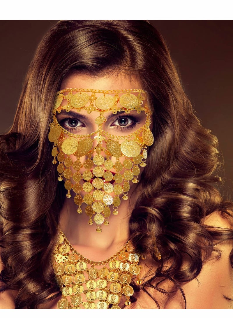 طقم مجوهرات رقص شرقي بوهيمي للنساء - سلسلة رأس من الترتر الذهبي، قلادة على شكل عملة معدنية، أقراط، أساور وسوار كاحل - Image 4