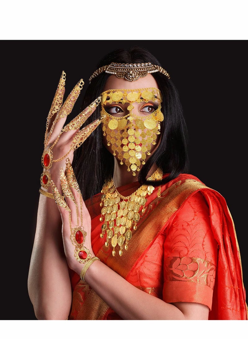 طقم مجوهرات رقص شرقي بوهيمي للنساء - سلسلة رأس من الترتر الذهبي، قلادة على شكل عملة معدنية، أقراط، أساور وسوار كاحل - Image 3