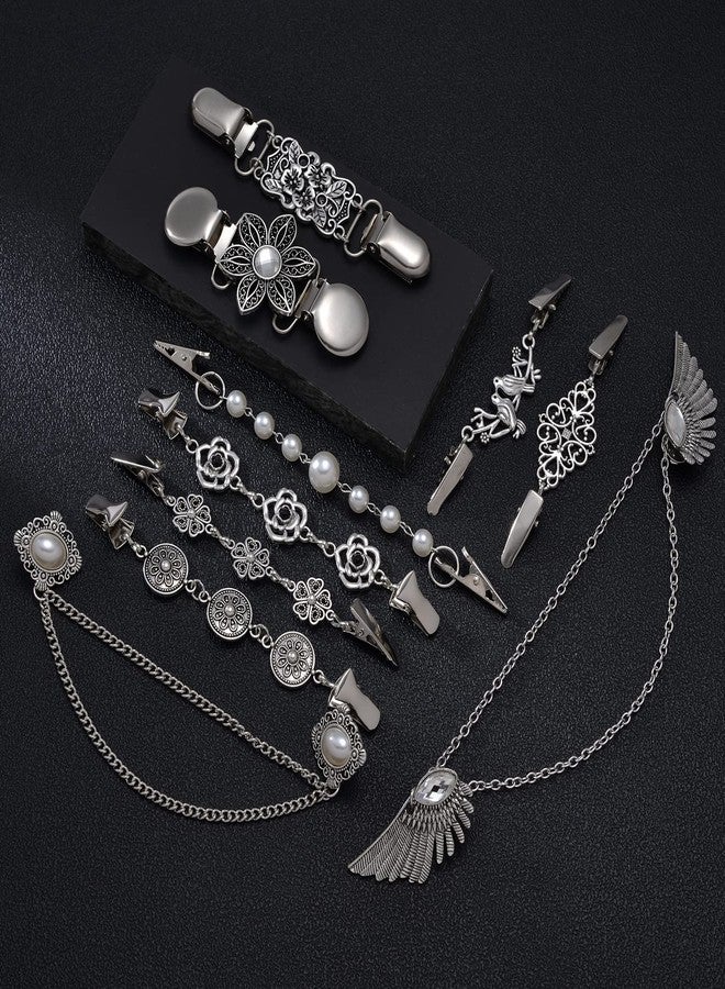 Tornito 12Pcs Vintage Sweater Shawl Clips Retro Cardigan Collar Dresses Chain Clip Antique Flowers Pattern Brooch Pins Clip for Women - Image 5