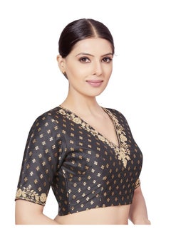 Studio Shringaar Studio Shringaar Women's Brocade Embroidered V-Neck Readymade Saree Embroidery Sleeve Blouse (Black, 40)  - Image 4
