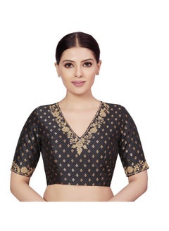 Studio Shringaar Studio Shringaar Women's Brocade Embroidered V-Neck Readymade Saree Embroidery Sleeve Blouse (Black, 40)  - Image 1