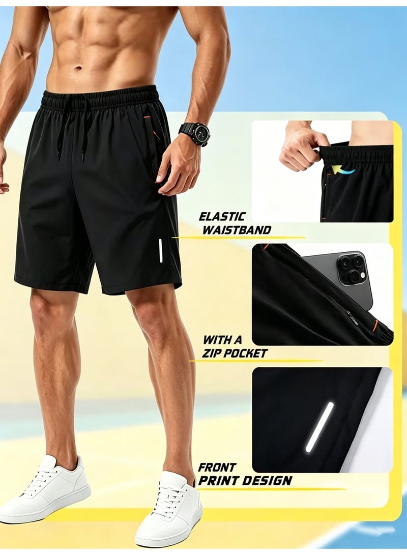 Men's Sporty Casual Shorts with Reflective Strip Print Design, Dual-Side Zipper Pockets, Comfortable Breathable Polyester Fabric, Trendy and Cool. Suitable for Daily - Image 2