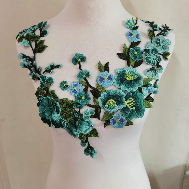ZALALAA 3PCS Flower Patch Embroidered Garment Appliques Sew on Patches Clothes Cheongsam Wedding Dress Accessory Cyan B 