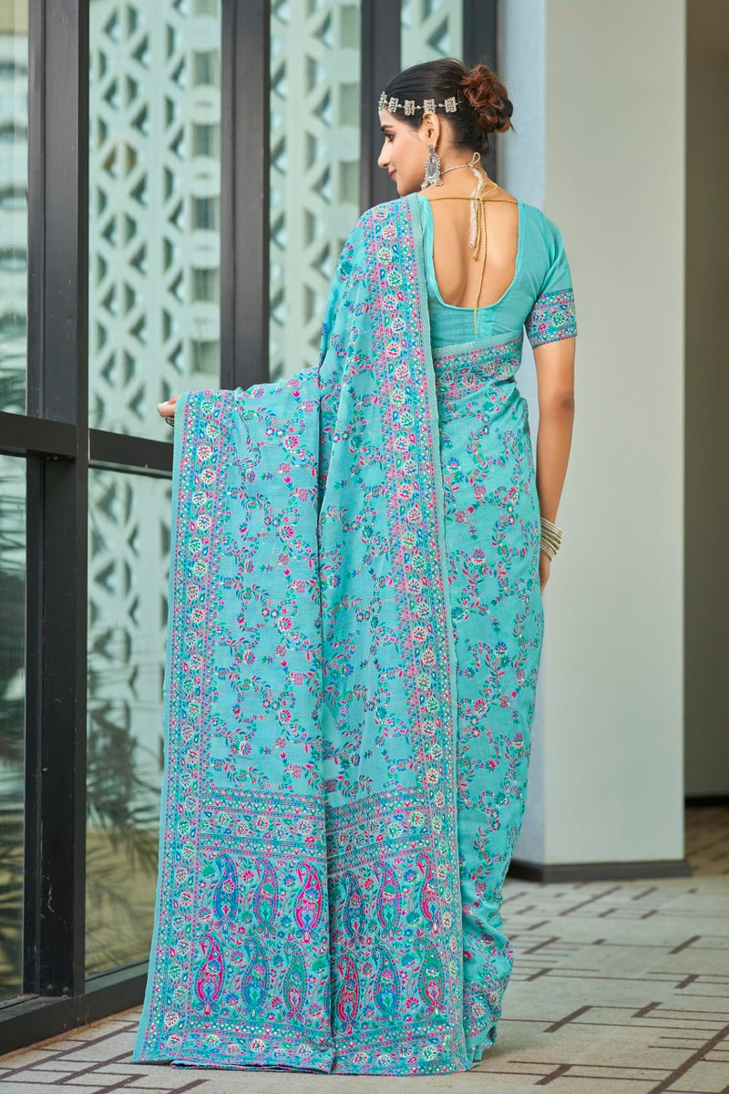 Glory Sarees Women's Kashmiri Cotton Woven Saree With Blouse Piece (Heritage_Silk108_Firozi) - Image 5