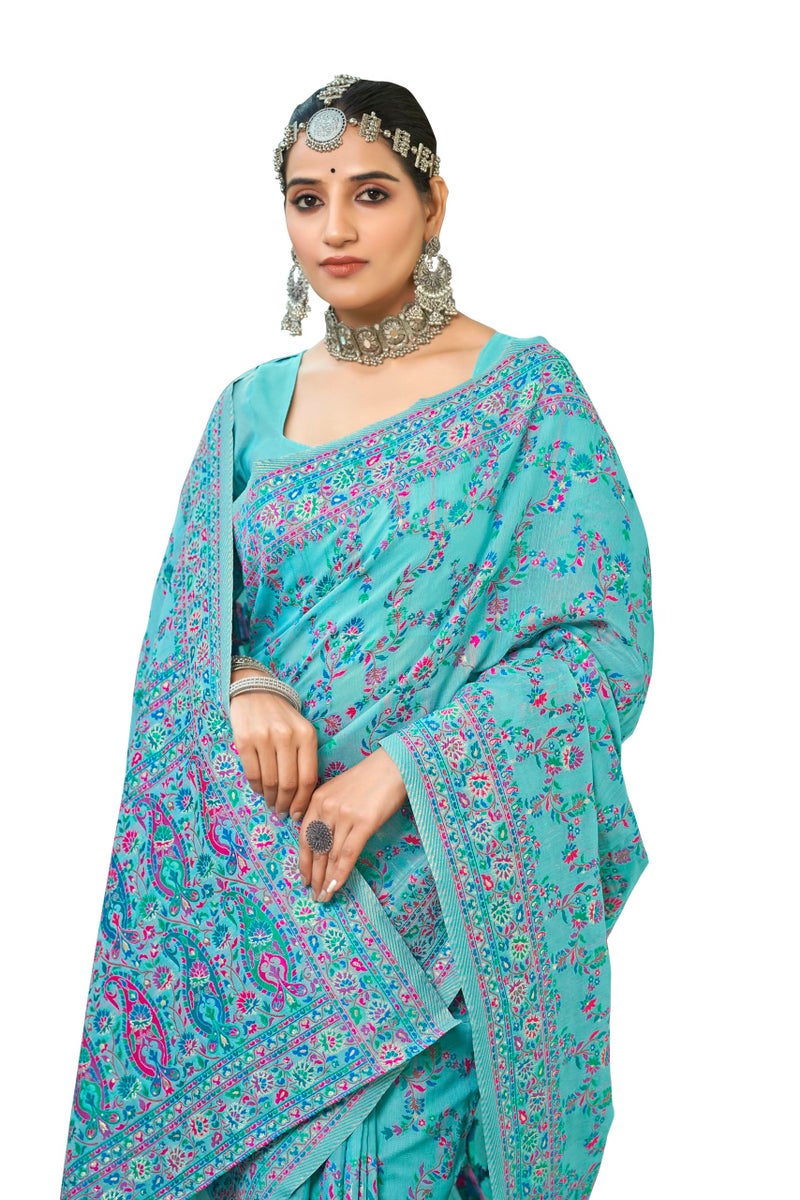 Glory Sarees Women's Kashmiri Cotton Woven Saree With Blouse Piece (Heritage_Silk108_Firozi) - Image 3