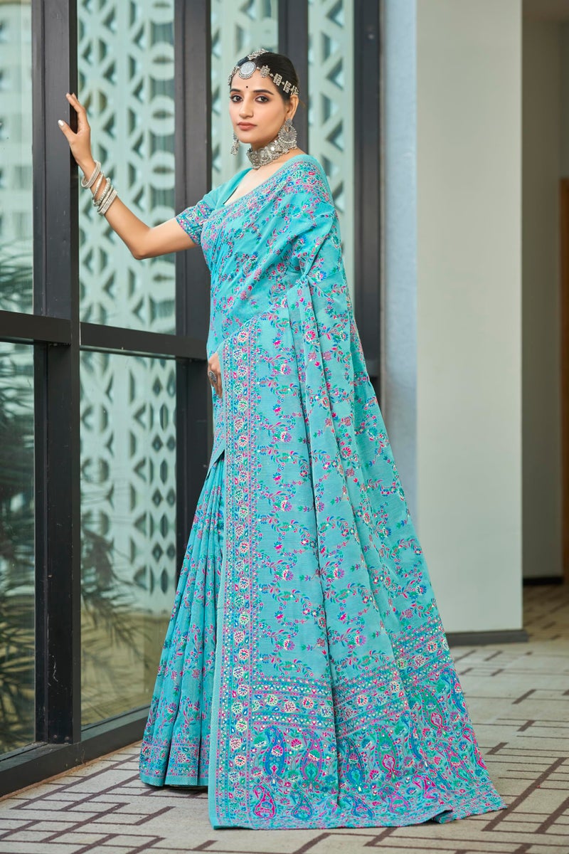 Glory Sarees Women's Kashmiri Cotton Woven Saree With Blouse Piece (Heritage_Silk108_Firozi) - Image 4