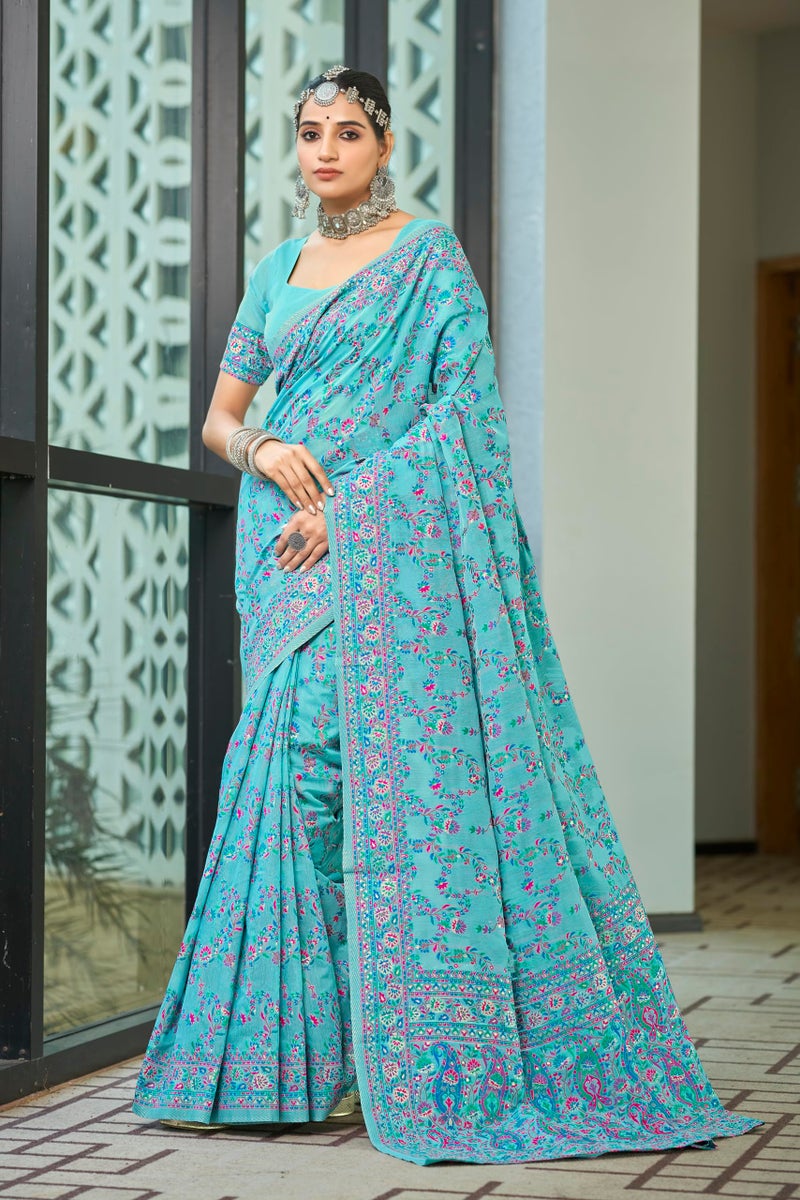 Glory Sarees Women's Kashmiri Cotton Woven Saree With Blouse Piece (Heritage_Silk108_Firozi) - Image 2