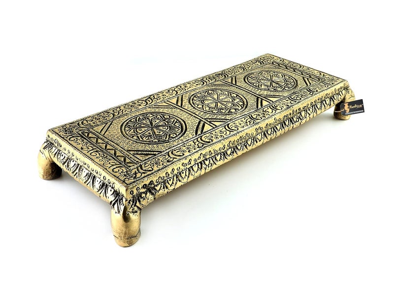 Two Moustaches Ethnic Handcrafted 85 Inches Brass Pooja Chowki Antique White - Image 3