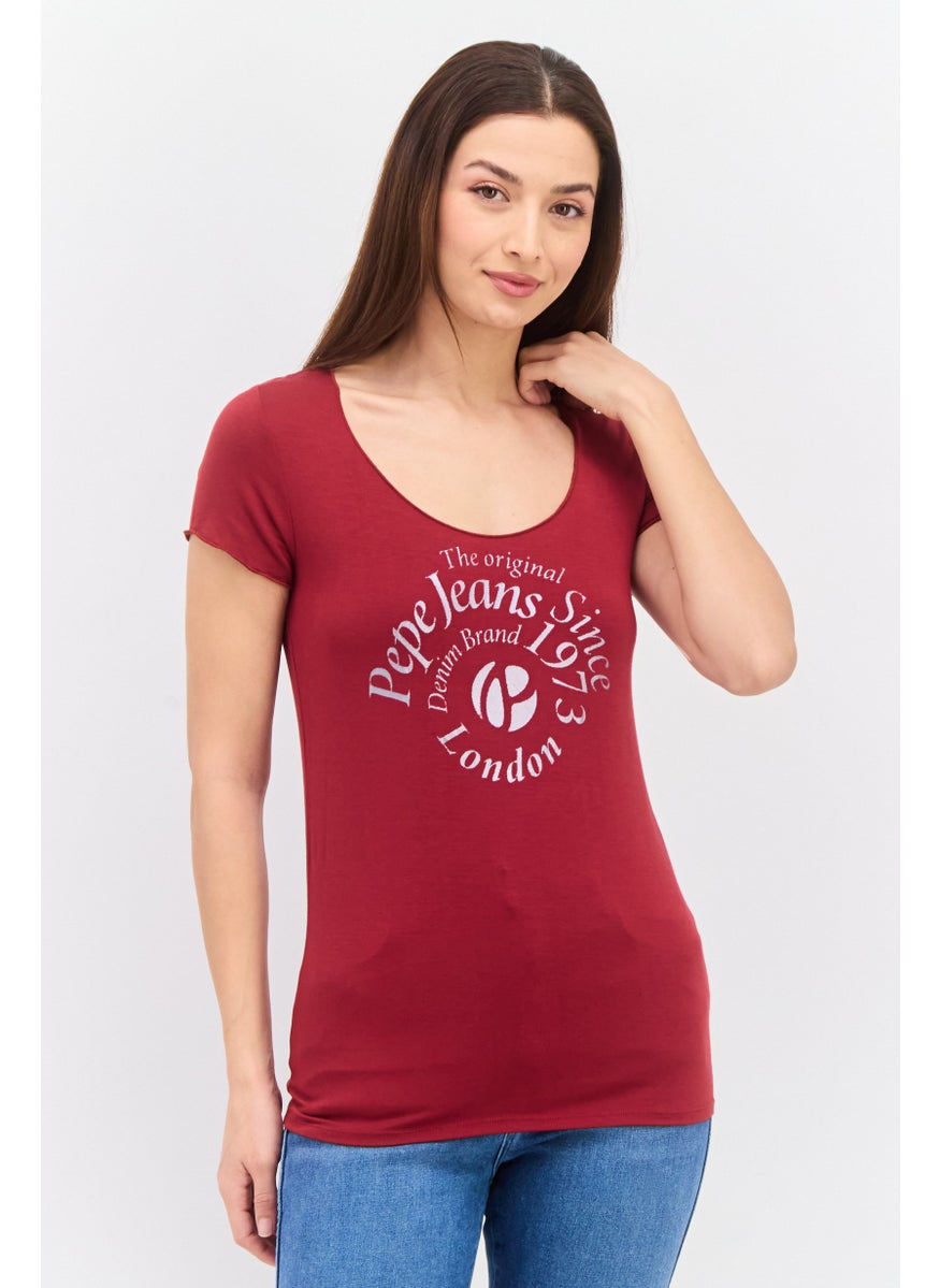 Pepe Jeans Women Scoop Neck Short Sleeve Graphic Print T Shirt, Red  - Image 1