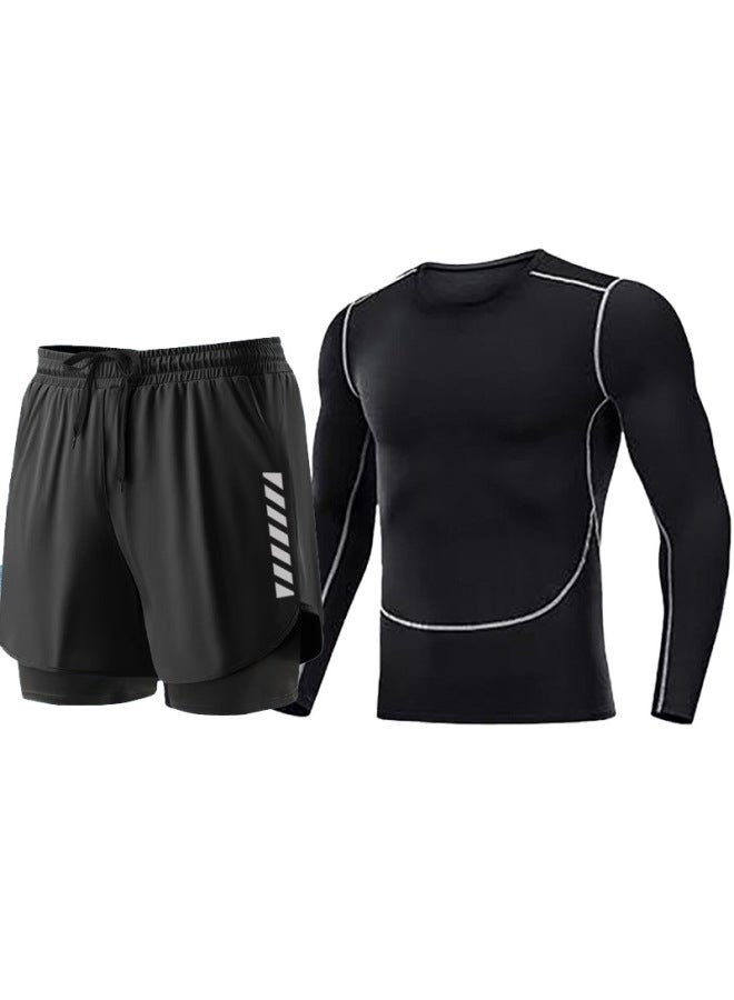 إسكدنيا شورت سباحة رجالي بدلة سباحة بطبقة مزدوجة خمس نقاط شورت سباحة من النوع المنفصل سريع الجفاف بدلة غوص مضادة للإحراج للياقة البدنية الرياضية - اللون: كم طويل + طبقة مزدوجة شورت سباحة أسود - - Image 1