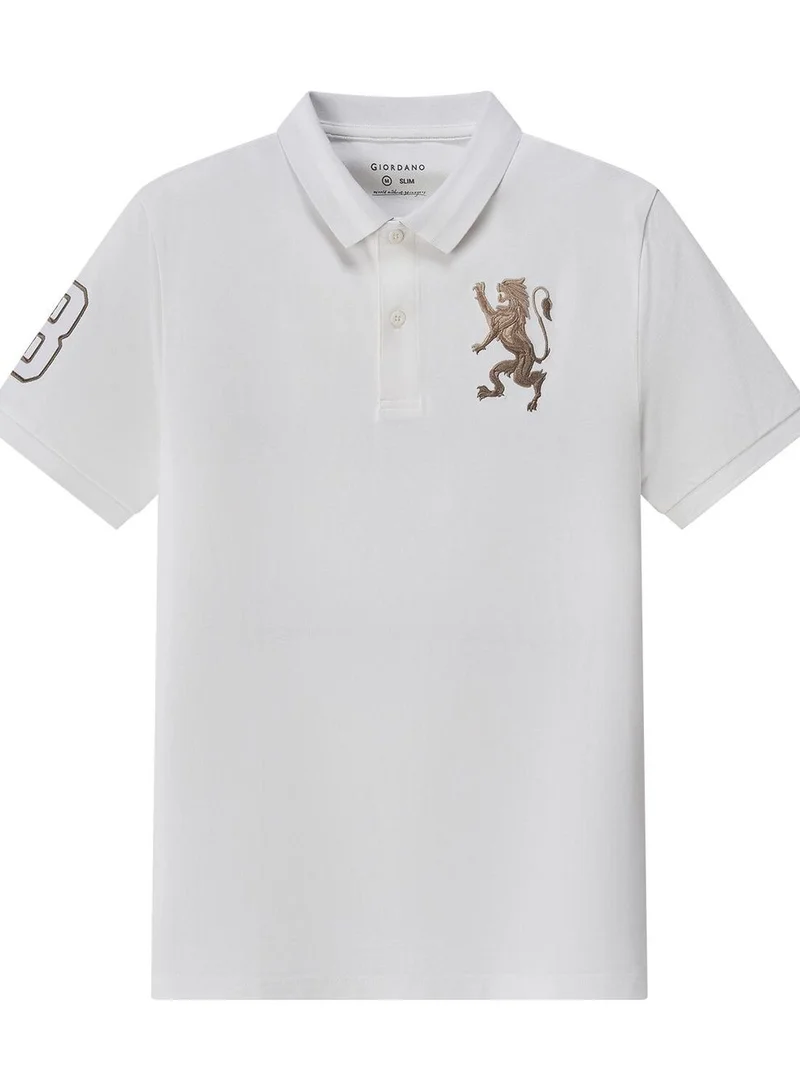 GIORDANO Men's 3D Lion Polo: Slim Fit, Bold Embroidery, Premium Pique