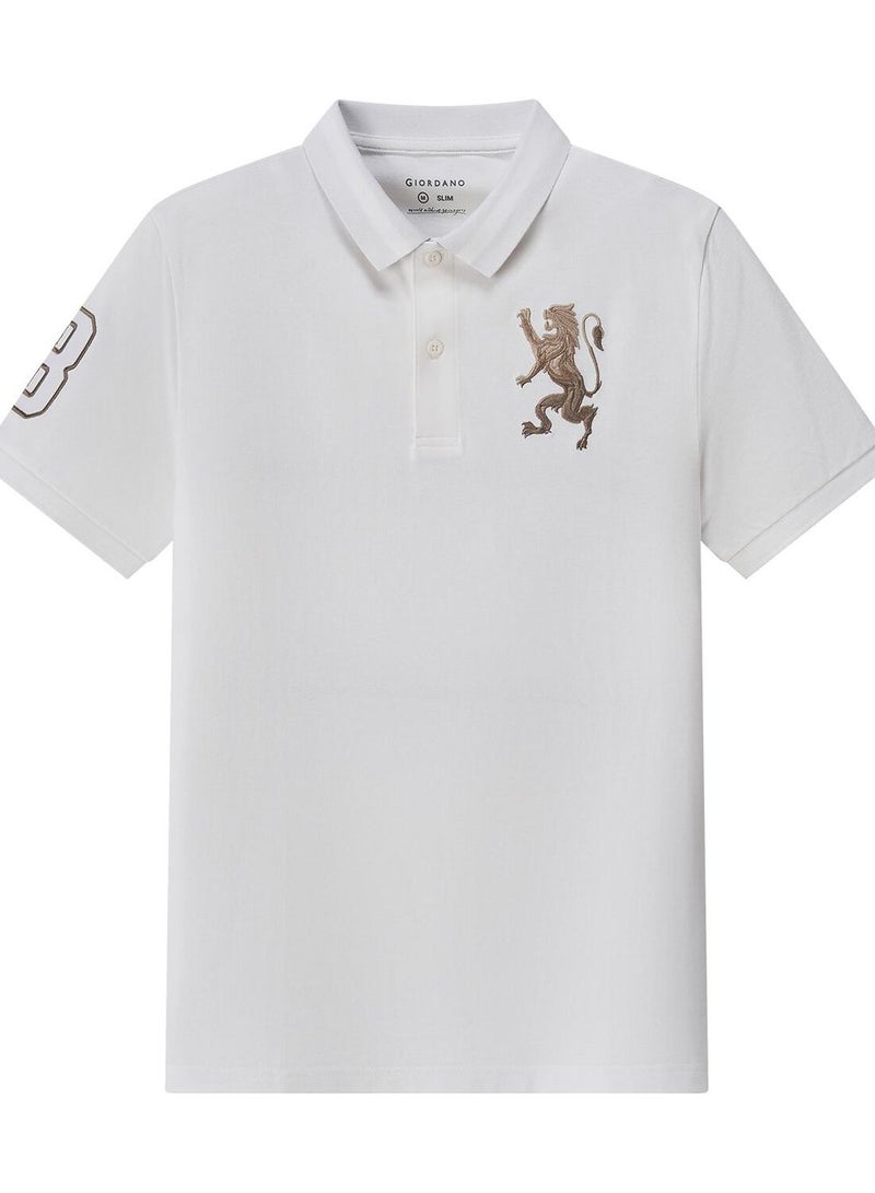 GIORDANO Men's 3D Lion Polo: Slim Fit, Bold Embroidery, Premium Pique - Image 1
