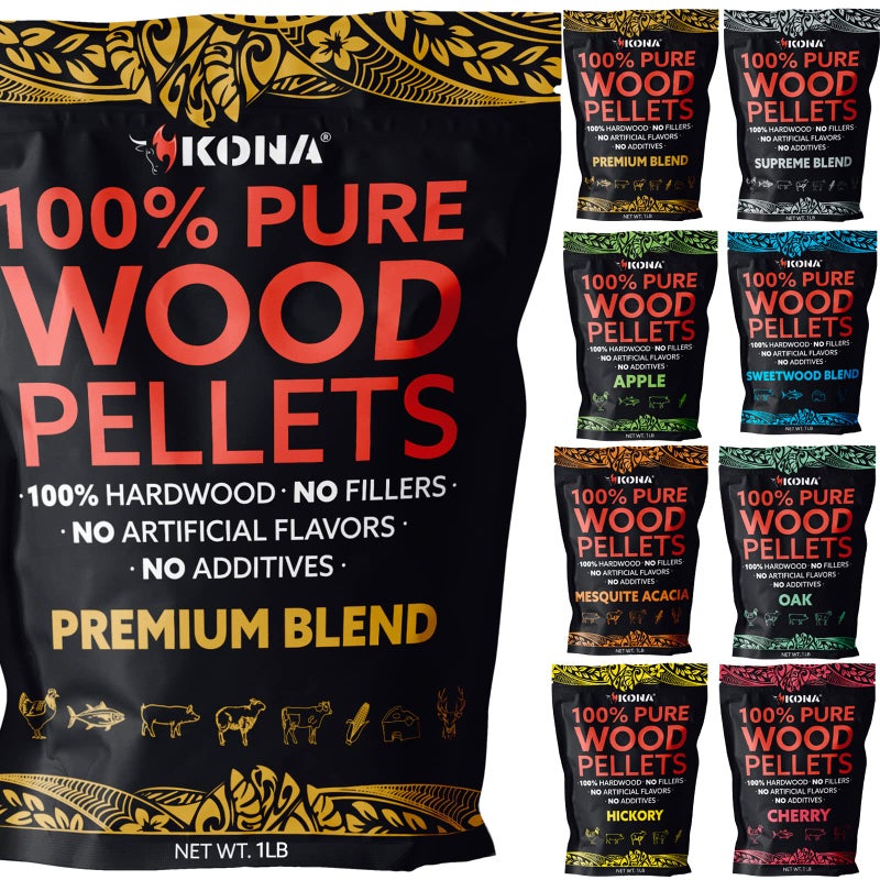 Kona Smoker Grilling Pellet Sets 8X 1 Pound Variety Pack 8 pounds Total 100 Oak100 HickorySweetwood BlendPremium Blend100 Apple100 CherrySupreme Blend100 Mesquite Acacia