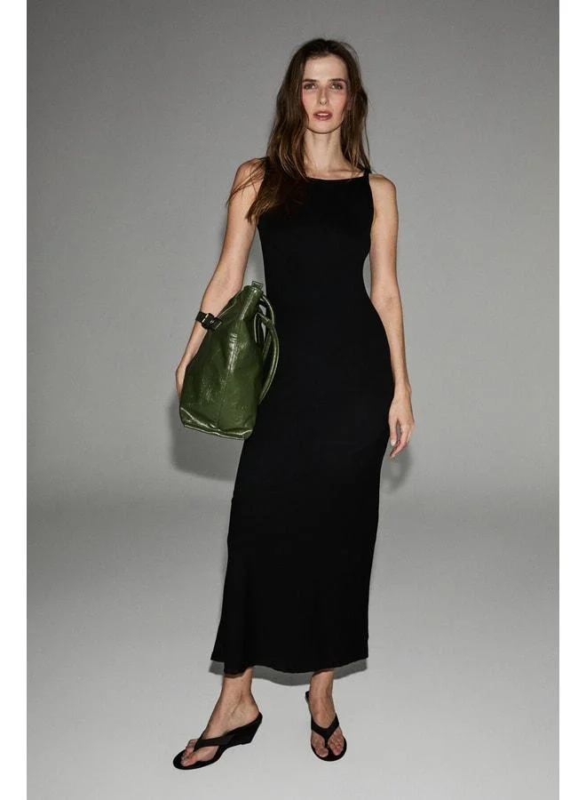 GRIMELANGE BAMBINA Women's Soft and Stretchy Fabric Double-Knot Shoulder Long Black Dress.