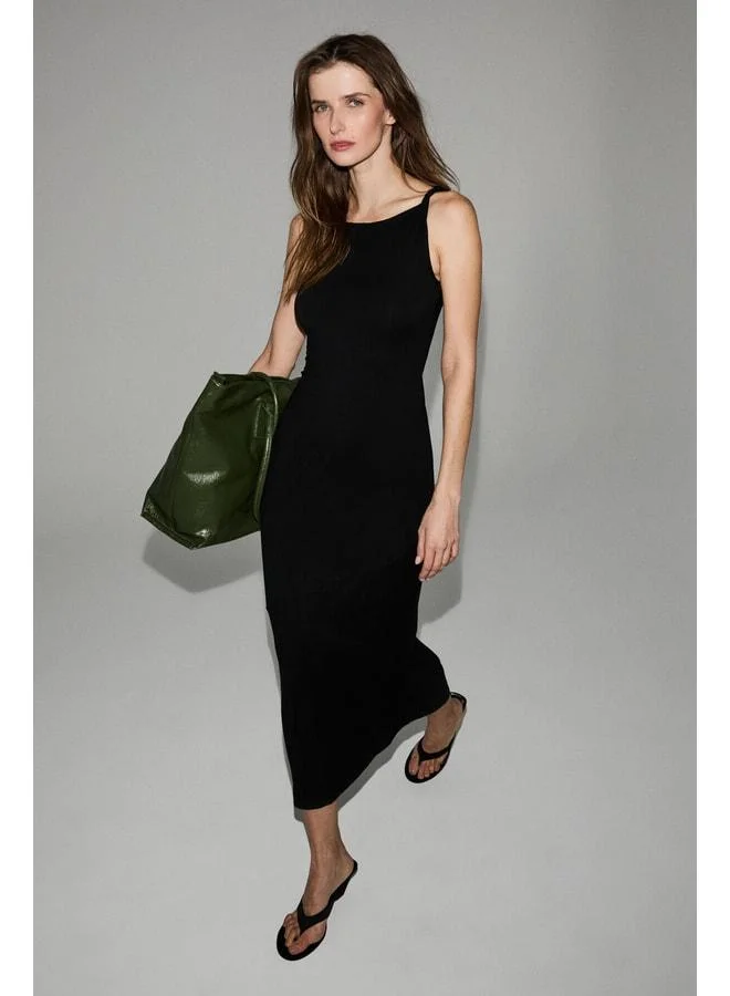 GRIMELANGE BAMBINA Women's Soft and Stretchy Fabric Double-Knot Shoulder Long Black Dress.