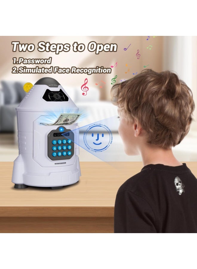 كيلا صندوق نقود إلكتروني آمن للأطفال، تصميم للجنسين، طراز 2025 صندوق ألعاب ادخار على شكل ماكينة صراف آلي يتميز بوظائف محاكاة التعرف على كلمة المرور والوجه هدية مثالية لعيد الميلاد أو عيد الميلاد للأطفال الذين تتراوح أعمارهم بين 4 و 10 سنوات صندوق نقود على شكل صاروخ فضائي - Image 4