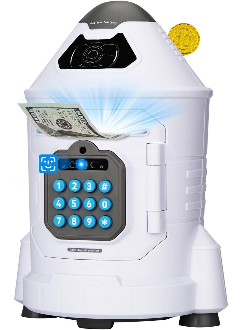 كيلا صندوق نقود إلكتروني آمن للأطفال، تصميم للجنسين، طراز 2025 صندوق ألعاب ادخار على شكل ماكينة صراف آلي يتميز بوظائف محاكاة التعرف على كلمة المرور والوجه هدية مثالية لعيد الميلاد أو عيد الميلاد للأطفال الذين تتراوح أعمارهم بين 4 و 10 سنوات صندوق نقود على شكل صاروخ فضائي - Image 1