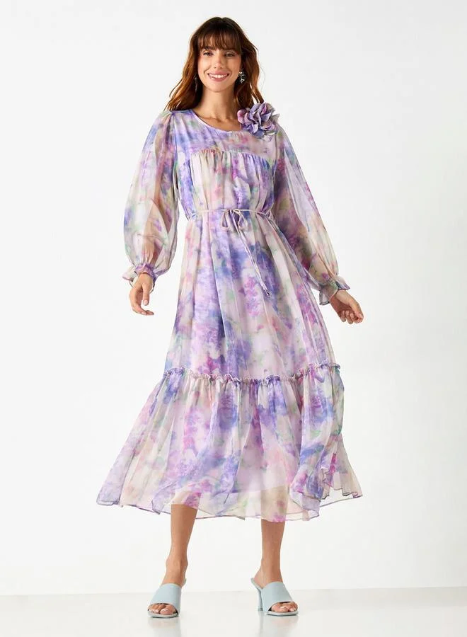 2Xtremz 2Xtremz All-Over Print Dress with Volume Sleeves and Tie-Up Belt