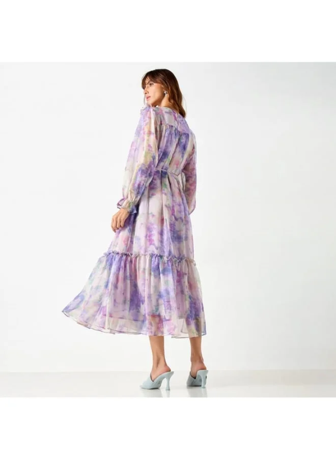 2Xtremz 2Xtremz All-Over Print Dress with Volume Sleeves and Tie-Up Belt