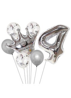 Party 8-piece set for 4th birthday party anniversary decoration party supplies including silver number 4 balloons, silver crown foil balloon set, 12-inch sequin balloons, 12-inch silver balloons 