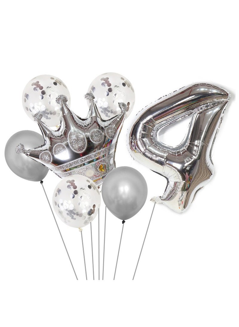 Party 8-piece set for 4th birthday party anniversary decoration party supplies including silver number 4 balloons, silver crown foil balloon set, 12-inch sequin balloons, 12-inch silver balloons 