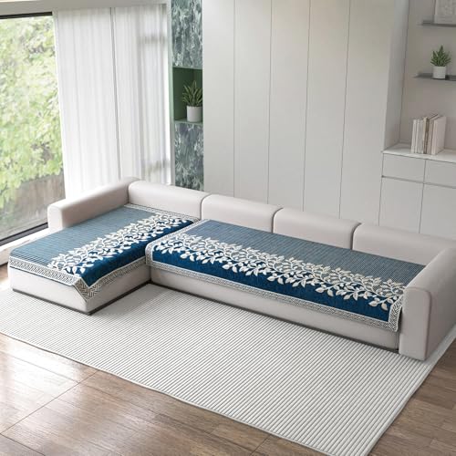 Nendle Superior Velvet Floral Sofa Mat 5 Seater Set Durable Protector for Living Room Mat 3 Seater and 2 Seater, Suitable for L Shape, Sectional and U Shape Sofa (Blue, Pack of 2) - Image 1