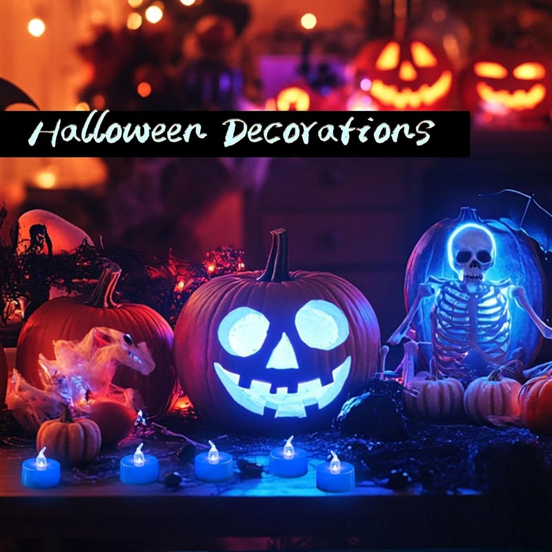 LANKER 24 Pack LED Tea Lights Candles, Flickering Blue Flameless Tealights, Long Lasting Battery Operated Fake Candles, Decoration for Halloween and Christmas (Blue - 24pcs) - Image 2