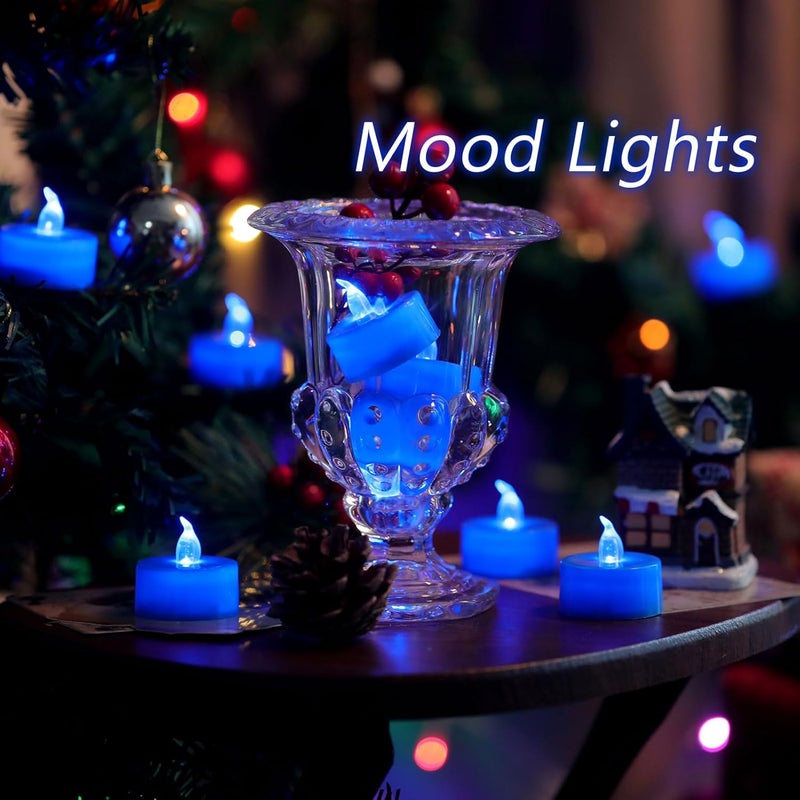 LANKER 24 Pack LED Tea Lights Candles, Flickering Blue Flameless Tealights, Long Lasting Battery Operated Fake Candles, Decoration for Halloween and Christmas (Blue - 24pcs) - Image 4