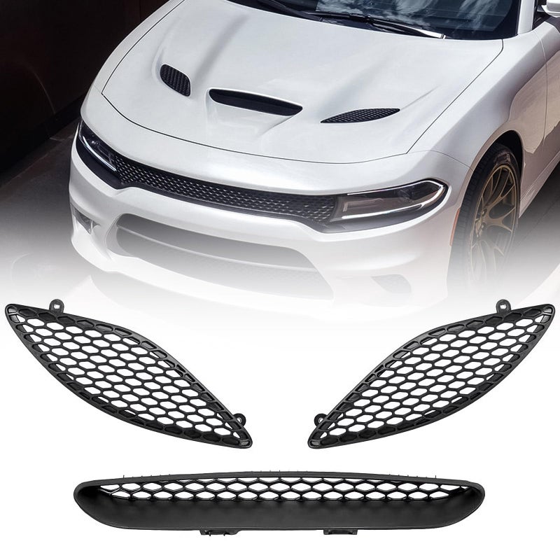 مجموعة إطار غطاء المحرك VLINCAR 3 قطع متوافقة مع دودج تشارجر SRT هيلكات 2015 2016 2017 2018 2019 2020 2021 2022 2023 شبكة تهوية أمامية سوداء 68202462AD 68202462AB 68202581AB 68202580AB