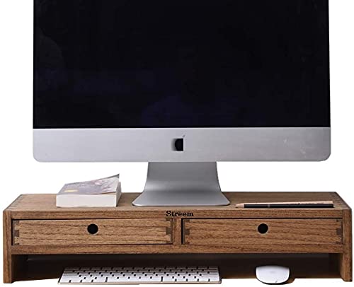 Streem Wooden Computer Monitor Stand, Monitor Riser Desk Shelf Desktop Stand TV Laptop Riser with Keyboard Storage Desk (Walnut Finish) - Image 1