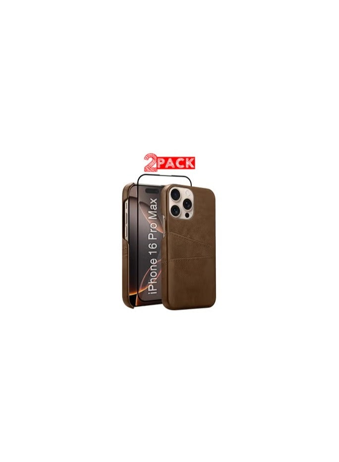 CATANES iPhone 16 Pro Max 2Packs Case Cover Leather with Card Holder for Men Women Phone Case with 3D Screen Protector - Brown - Image 2