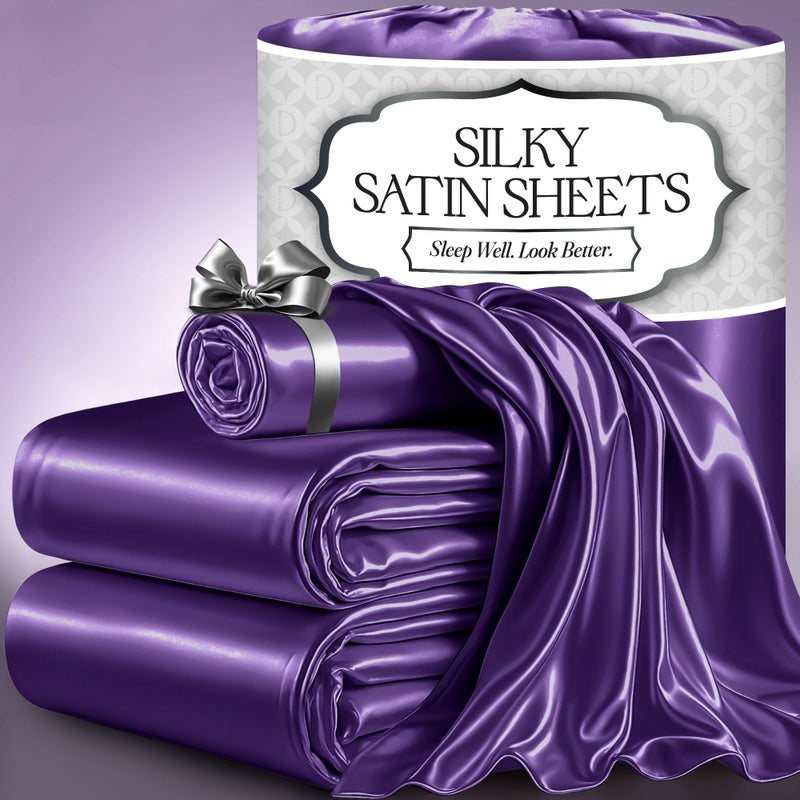 DECOLURE Satin Bed Sheets  3 Piece Luxury Silky Twin Size Bedding Set  Softer Than Silk WrinkleFree with 15 Deep Pocket Fitted Sheet Perfect for Hair  Skin Gifts for Women Purple