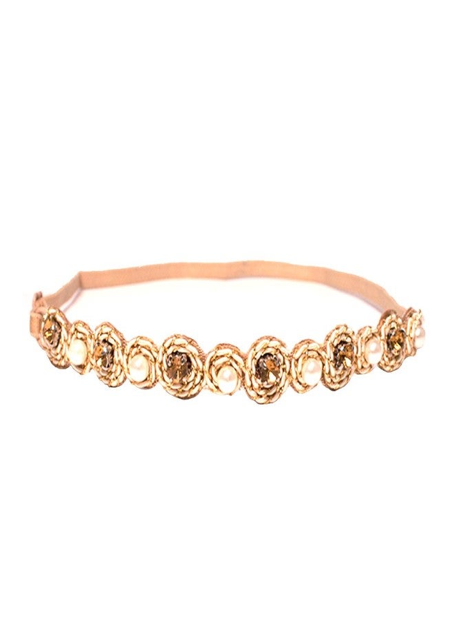 Mia Embellished Headband, Beautiful Pretty Pearl + Gold Color Rhinestones + Beads, Adjustable Elastic Strap for Women, Teens, Girls
