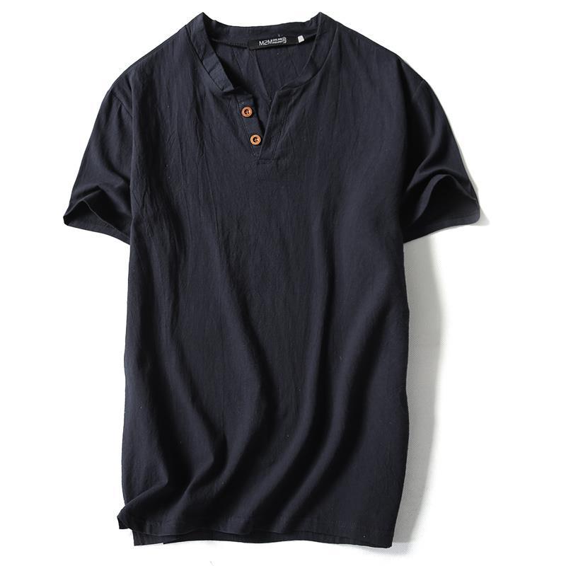 Short-Sleeved T-Shirt Men'S Linen Vintage Top Thin Half-Sleeved Solid Color V-Neck Loose Plus Size Cotton Linen T-Shirt - Image 1