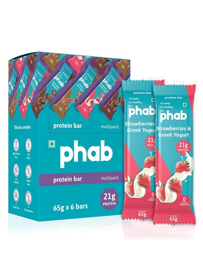 Phab Strawberries & Greek Yogurt Protein Bars with 21g Protein,No Added Sugar | High Fibre, No Trans Fat & No Preservatives | Diabetic Friendly | Healthy & Tasty | GMO Free (Pack of 6x 65g) - Image 1