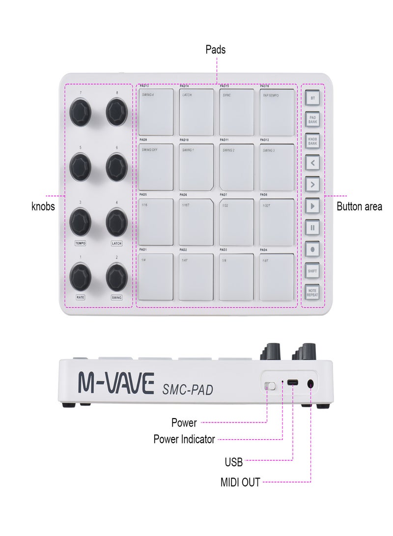 SKYFOX MIDI Controller Strike Pad RGB Backlight MIDI Keyboard BT Connection Low Latency 3.5mm Output Interface ith 16 Strike Pads 8 Assignable Knobs Note Repeat Portable MIDI Pad - Image 3