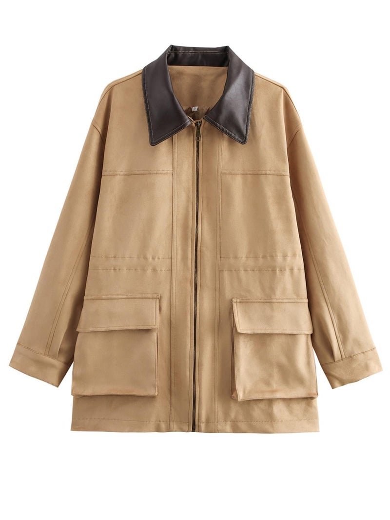 CUFEZN Women's Barn Jacket Faux Suede Leather Jackets Oversized Casual Adjustable Waist Coat with Pockets Khaki Large - Image 1