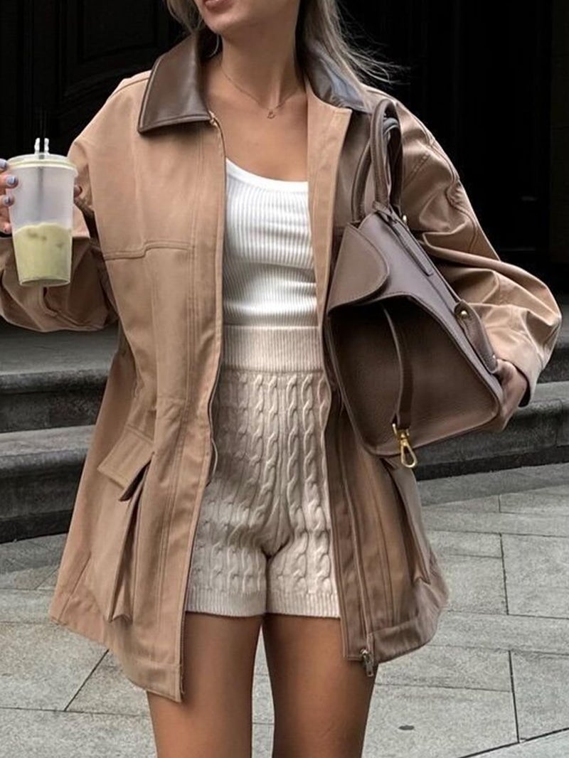 CUFEZN Women's Barn Jacket Faux Suede Leather Jackets Oversized Casual Adjustable Waist Coat with Pockets Khaki Large - Image 3