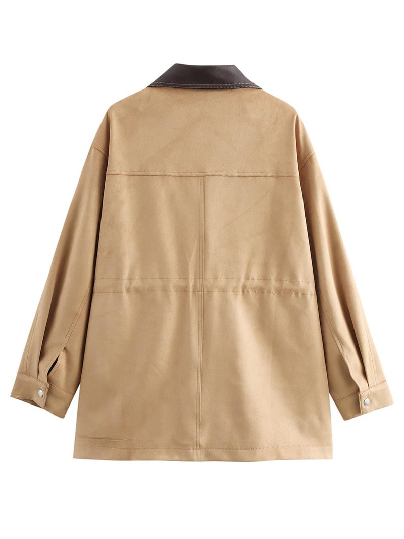 CUFEZN Women's Barn Jacket Faux Suede Leather Jackets Oversized Casual Adjustable Waist Coat with Pockets Khaki Large - Image 5