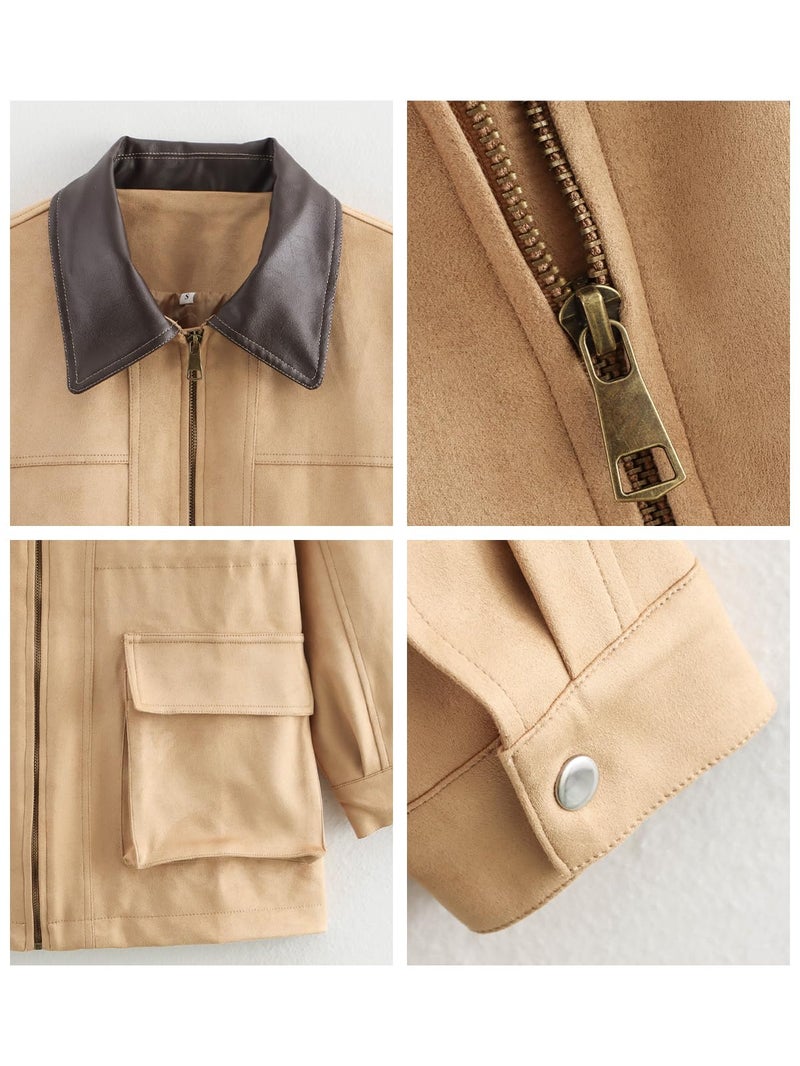 CUFEZN Women's Barn Jacket Faux Suede Leather Jackets Oversized Casual Adjustable Waist Coat with Pockets Khaki Large - Image 4