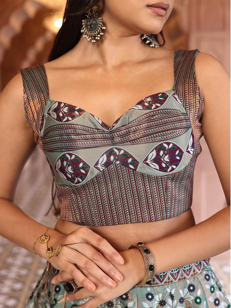 purvaja ليهنغا شولي نصف مخيط للنساء من بورفاجا (ناب-C-أخضر_أخضر_مقاس حر) - Image 5