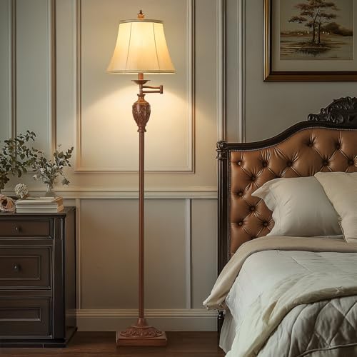 AIDENOEY Traditional LED Floor Lamp with 350° Adjustable Swing Arm Lamp – Vintage Standing Pole lamp for Living Room, Bedroom and Office – Rustic Upright Floor Light for Home Décor with Faux Silk Fabric Shade - Image 5