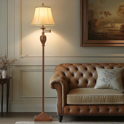 AIDENOEY Traditional LED Floor Lamp with 350° Adjustable Swing Arm Lamp – Vintage Standing Pole lamp for Living Room, Bedroom and Office – Rustic Upright Floor Light for Home Décor with Faux Silk Fabric Shade - Image 2