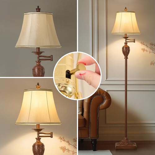 AIDENOEY Traditional LED Floor Lamp with 350° Adjustable Swing Arm Lamp – Vintage Standing Pole lamp for Living Room, Bedroom and Office – Rustic Upright Floor Light for Home Décor with Faux Silk Fabric Shade - Image 4